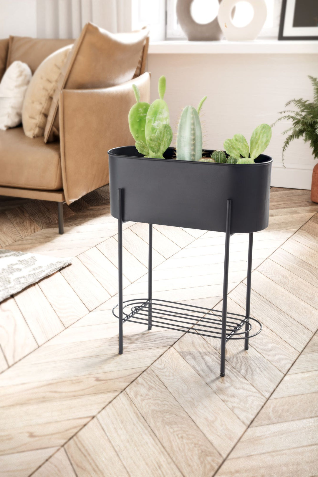 Pflanzkübel Schwarz mit Gestell und Ablage_ Pflanzgefäß Metall_ 51x65x22 cm - KADIMA DESIGN_Größe_ 50x21x65 cm_