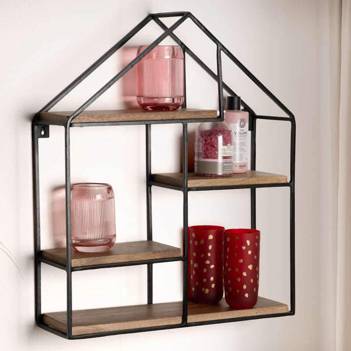Wandregal in Haus-Form 50x60x14 cm aus Mango Massivholz und Metall – KADIMA DESIGN_Größe_ 50x14x60 cm_