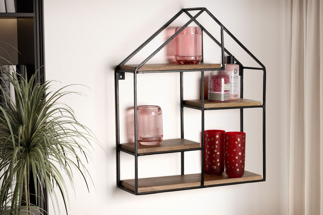 Wandregal in Haus-Form 50x60x14 cm aus Mango Massivholz und Metall – KADIMA DESIGN_Größe_ 50x14x60 cm_