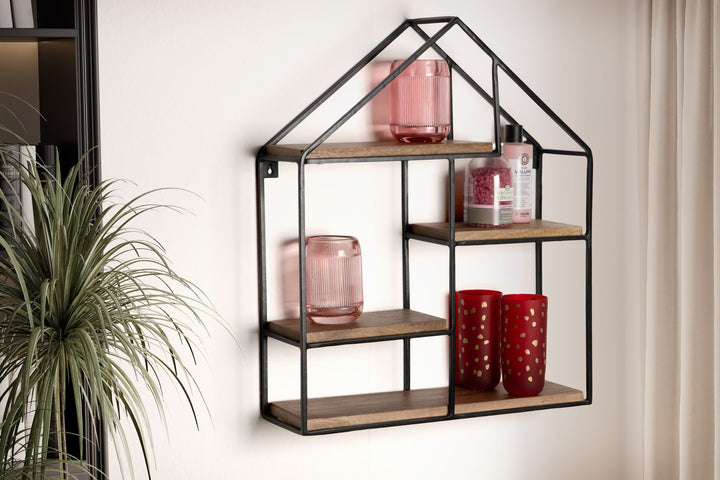 Wandregal in Haus-Form 50x60x14 cm aus Mango Massivholz und Metall – KADIMA DESIGN_Größe_ 50x14x60 cm_