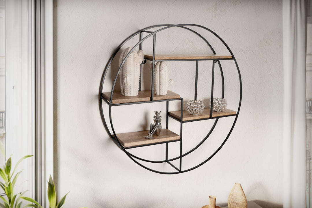 Rundes Wandregal in Industrial-Design_ 70x70x18 cm_ Massivholz Mango &amp; Metall - KADIMA DESIGN_Größe_ 70x18x70 cm_