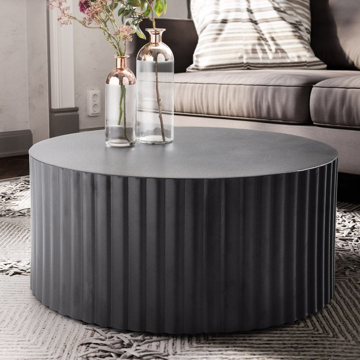 Runder Sofatisch mit Wellen-Muster_ Couchtisch Metall Schwarz 67x67x31 cm - KADIMA DESIGN_Größe_ 67x67x31 cm_