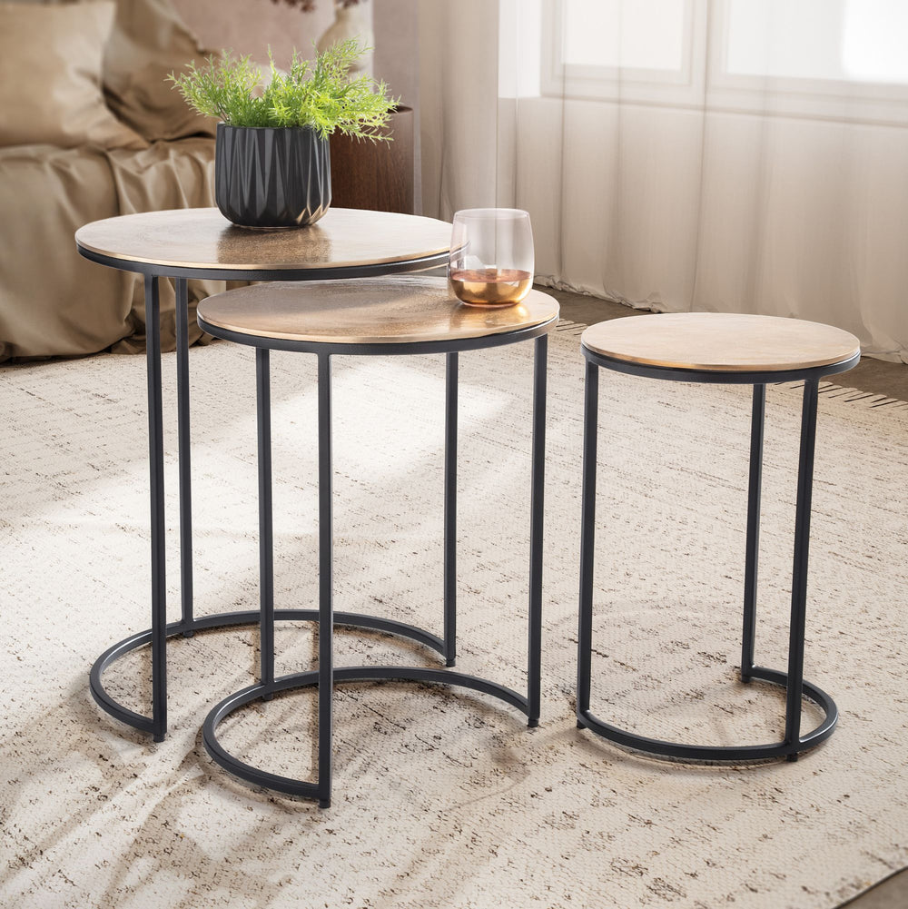 Eleganter Satztisch Metall Rund_ 3er Set_ Aluminium Gold/Schwarz - KADIMA DESIGN_Größe_ 45x45x55 cm_