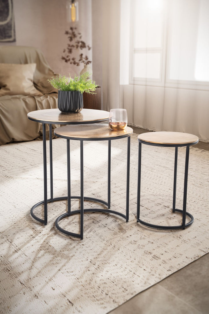 Eleganter Satztisch Metall Rund_ 3er Set_ Aluminium Gold/Schwarz - KADIMA DESIGN_Größe_ 45x45x55 cm_