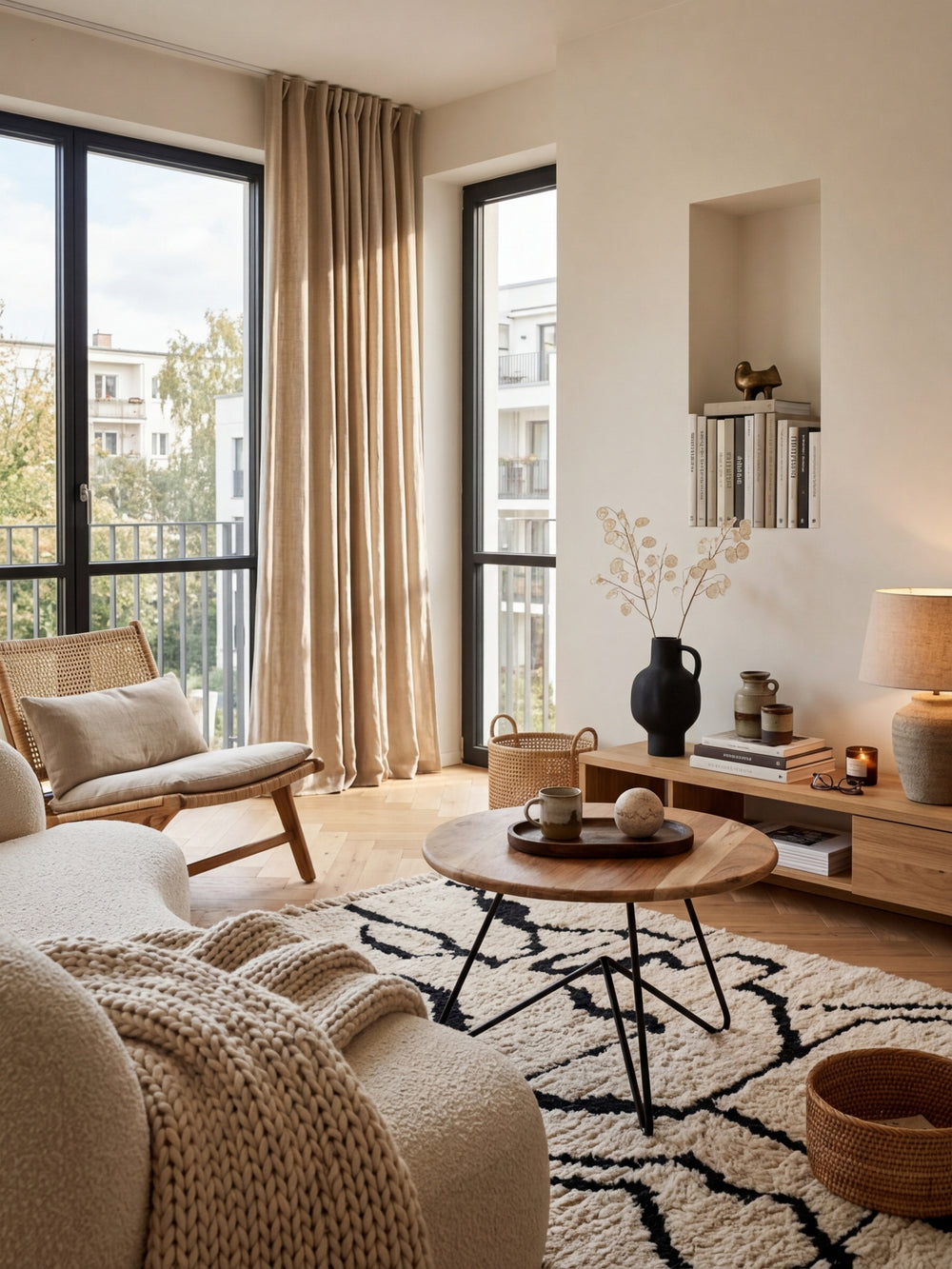 Draufsicht auf den Designer Wohnzimmertisch mit 60 cm Durchmesser, der eine harmonische Komposition mit einem Sofa und Teppich in einem stilvollen Interieur bildet._