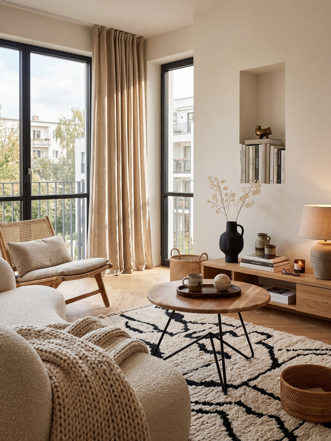 Draufsicht auf den Designer Wohnzimmertisch mit 60 cm Durchmesser, der eine harmonische Komposition mit einem Sofa und Teppich in einem stilvollen Interieur bildet._