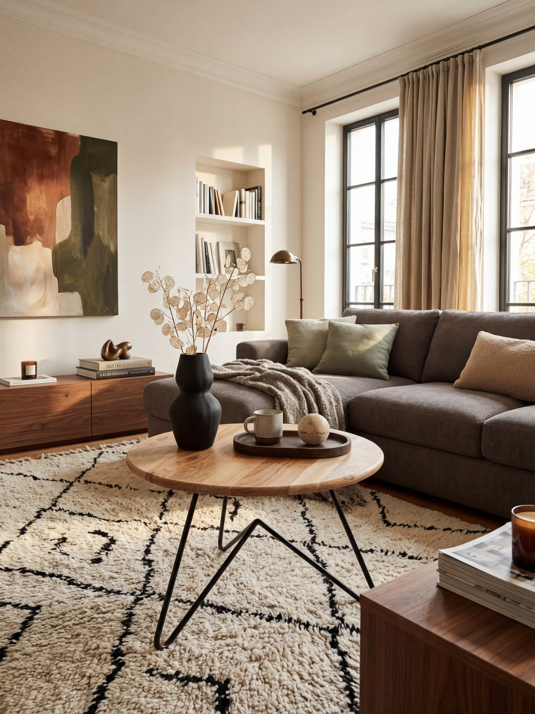 Eleganter runder Couchtisch aus Akazie Massivholz im Zentrum eines modern gestalteten Wohnzimmers, platziert auf einem texturierten Teppich vor einem dunklen Sofa._