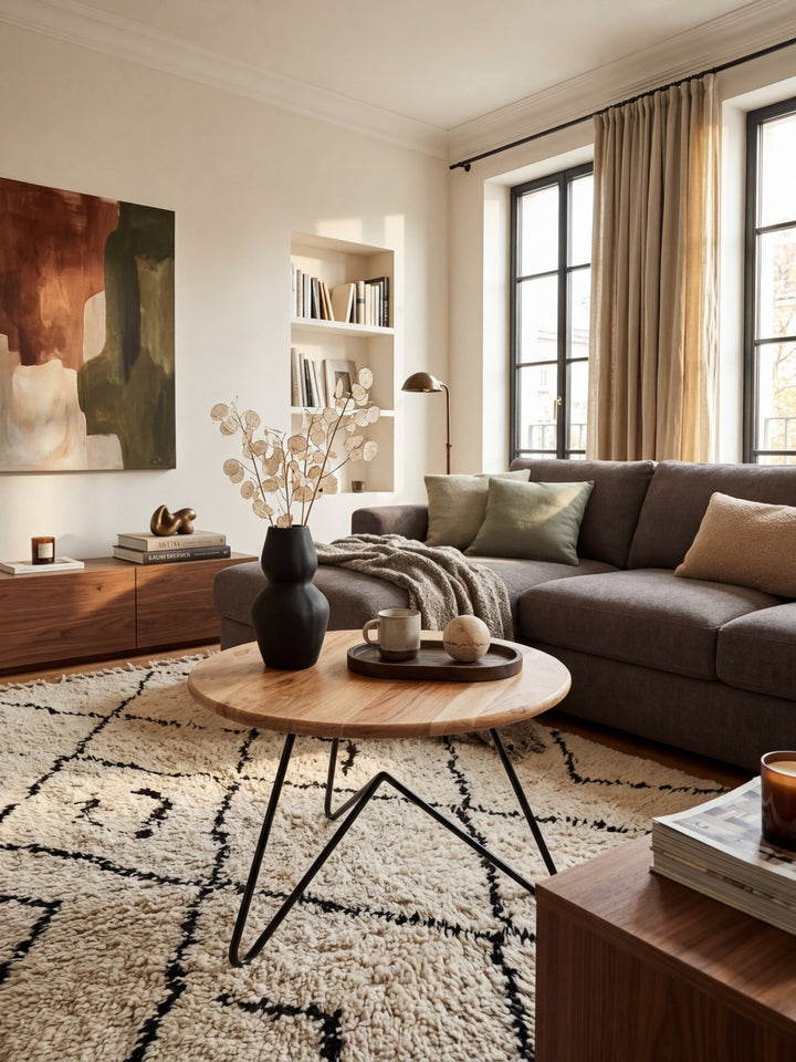 Eleganter runder Couchtisch aus Akazie Massivholz im Zentrum eines modern gestalteten Wohnzimmers, platziert auf einem texturierten Teppich vor einem dunklen Sofa._