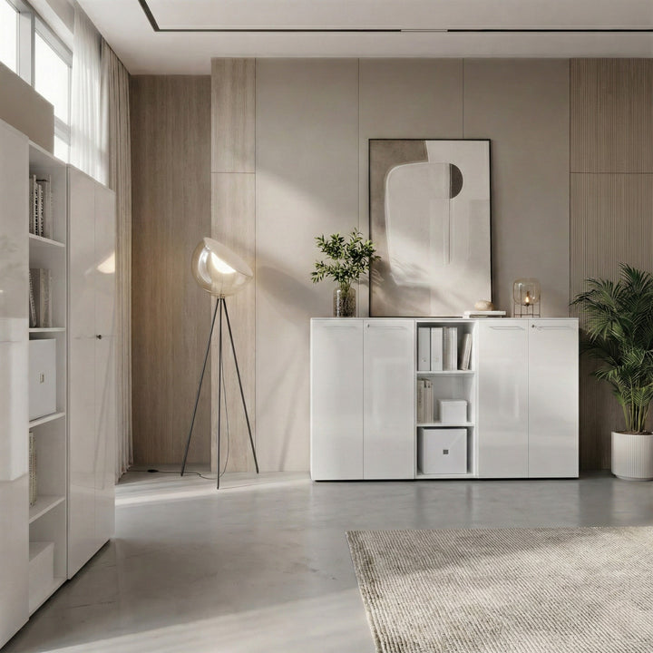 Aktenschrank &amp;quot;Muenchen&amp;quot; Glasfront Soft-Close Abschließbar - Weiß 80x37x120cm_