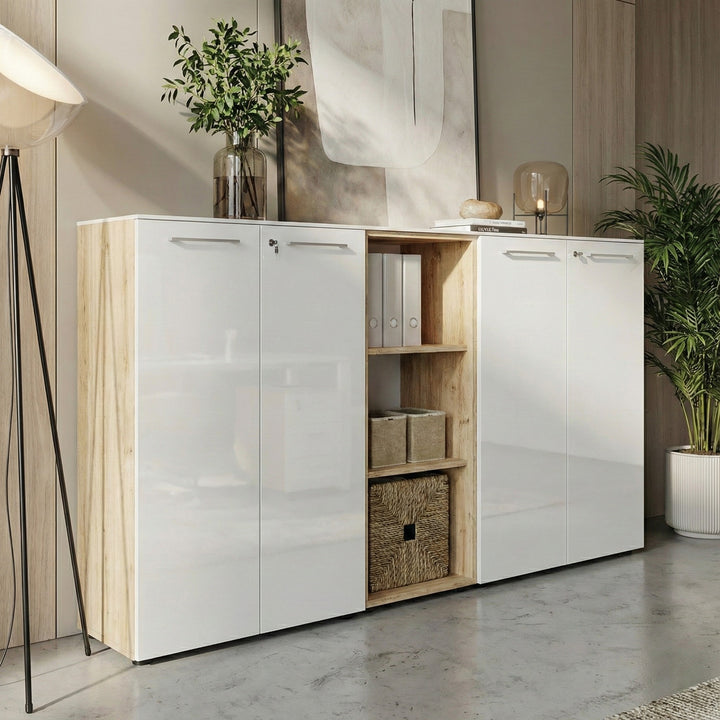 Aktenschrank &amp;quot;Muenchen&amp;quot; Glasfront Soft-Close Abschließbar - Chalet-Eiche-Nb./Weiß 80x37x120cm_