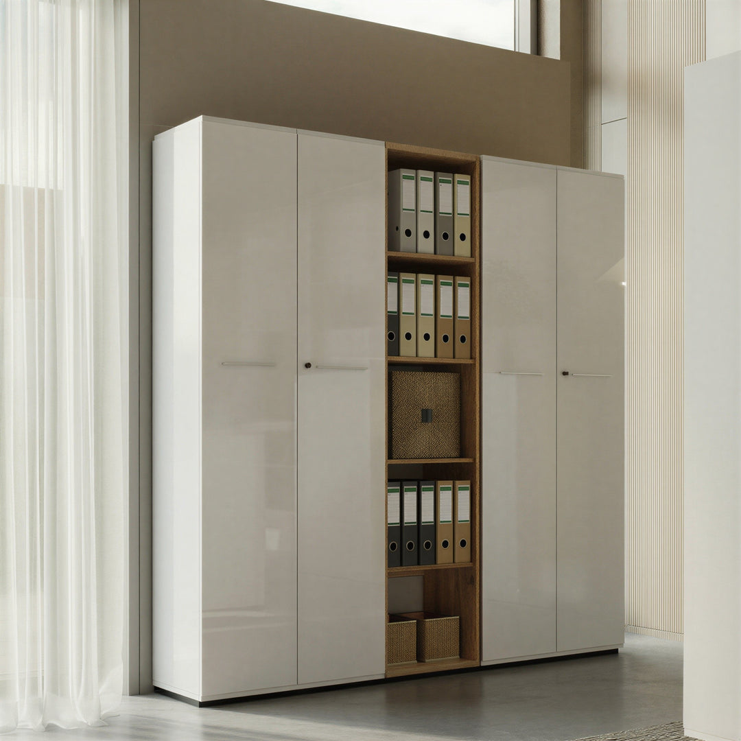 Aktenschrank 5 Ordnerhöhen | 80x196x37 cm | Abschließbar - Soft-Close - Glasfront | Made in Germany | Büroschrank Hoch Weiß "Muenchen" Kadima Design_