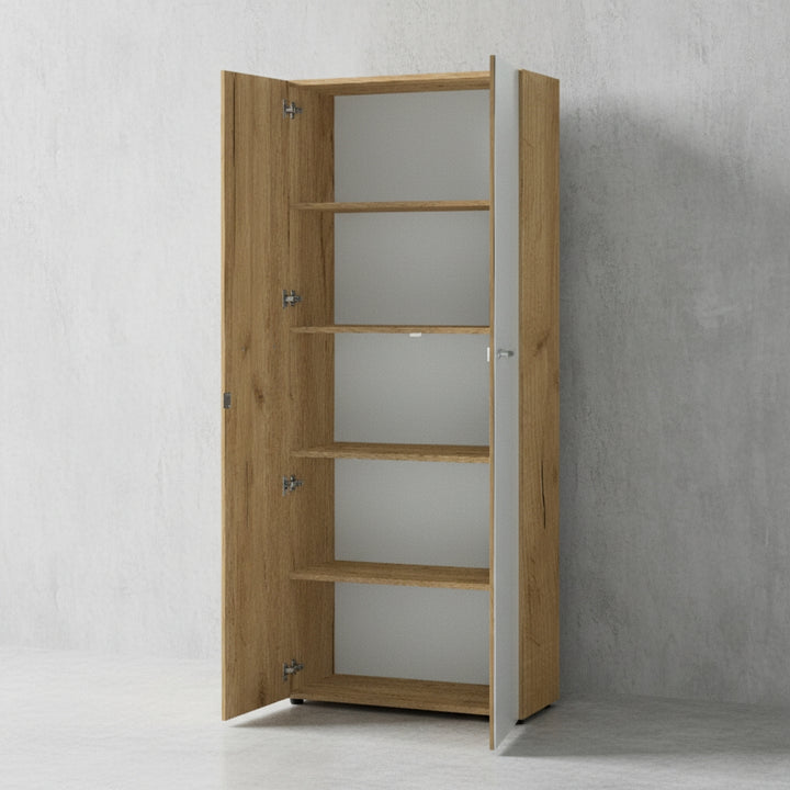 Aktenschrank 5 Ordnerhöhen 80x196x37 cm | Abschließbar - Soft-Close - Glasfront | Made in Germany | Chalet-Eiche-Nb./Weiß Serie &amp;quot;Muenchen&amp;quot; Kadima Design_