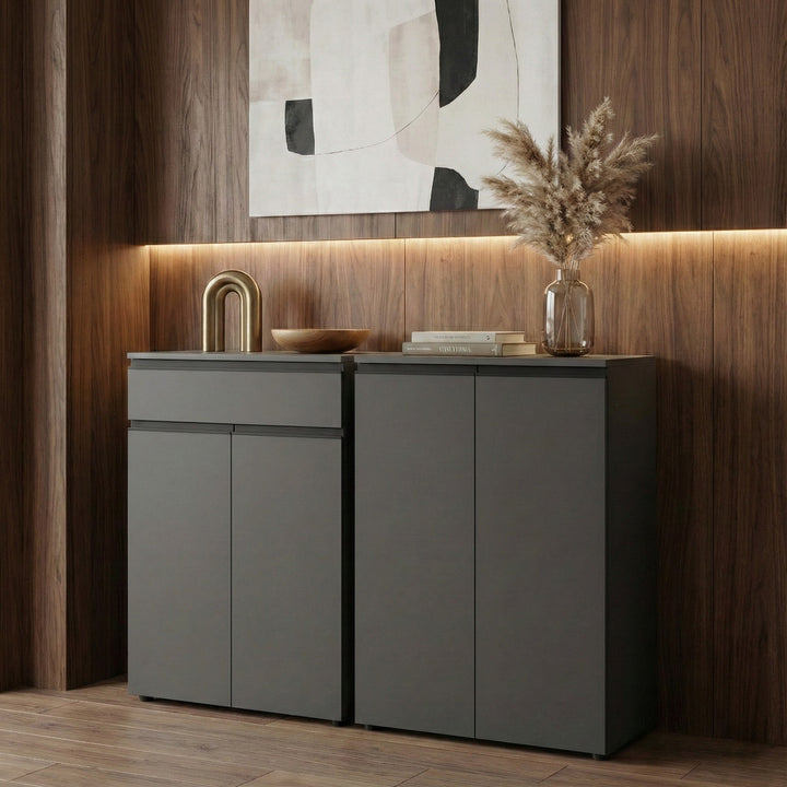 Aktenschrank 2-türig Soft-Close | 3 Ordnerhöhen | Büroschrank Graphit matt | Mehrzweckschrank | Made in Germany | Büromöbel &amp;quot;Stuttgart&amp;quot; Kadima Design_