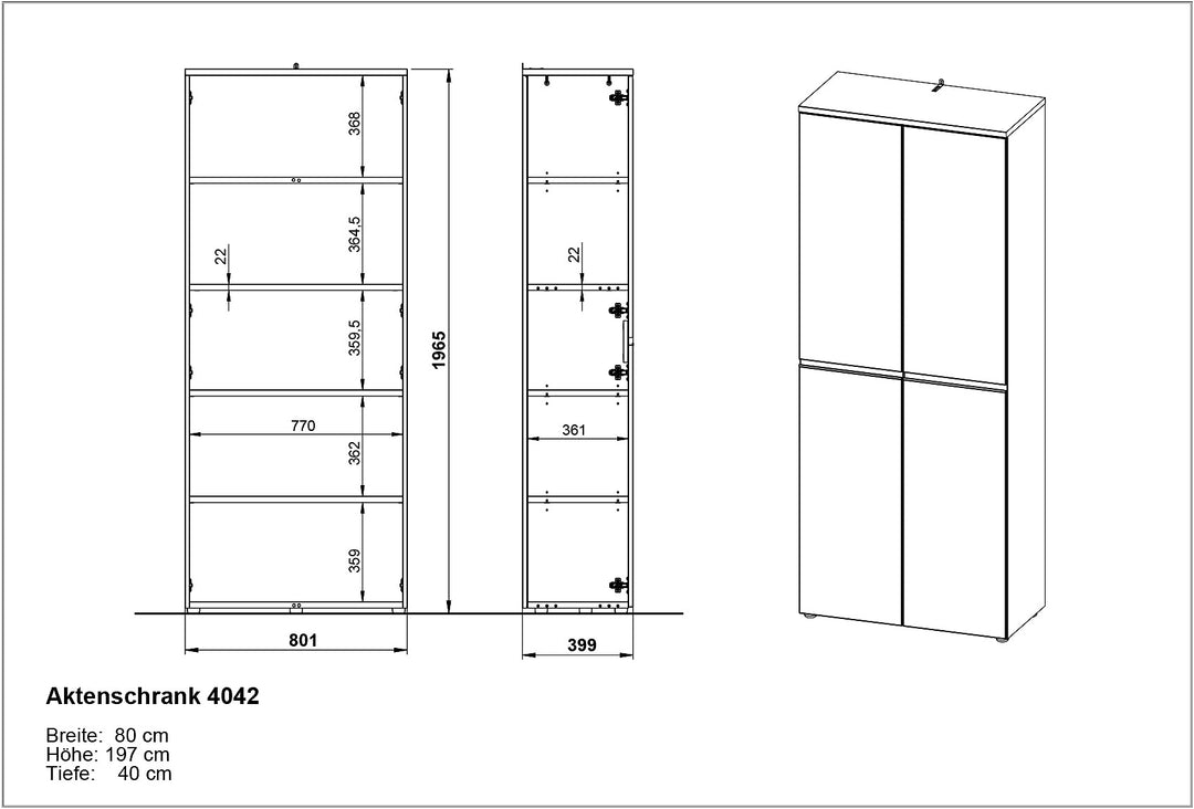 Aktenschrank 197 cm hoch - 5 Ordnerhöhen - Soft-Close - Büro - Hochschrank_