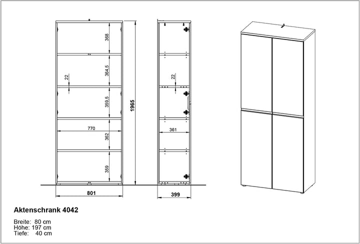 Aktenschrank 197 cm hoch - 5 Ordnerhöhen - Soft-Close - Büro - Hochschrank_