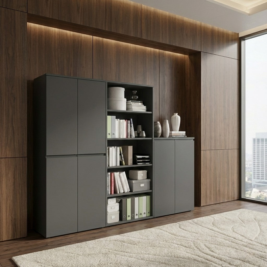 Aktenschrank 5 Ordnerhöhen Soft-Close | 81x197x40 cm | Hochschrank Graphit | Büroschrank Groß | Aktenregal geschlossen | Büromöbel "Stuttgart" Kadima Design_