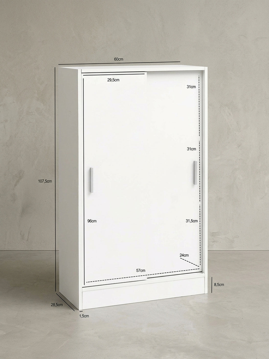 Maßzeichnung Aktenschrank – Holz, Weiß, 60x107,5x28,5 cm, wasserabweisend & kratzfest, modern