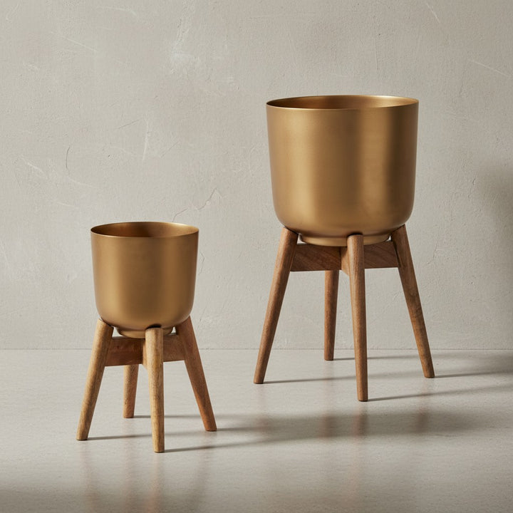 Alu-und-Holz Pflanzenkübel Set in Gold/Braun_ modern &amp;amp; elegant_ für stilvolle Inneneinrichtung - KADIMA DESIGN_Größe_ 31x31x51 cm_