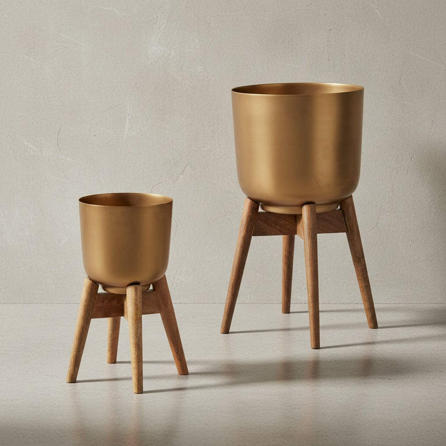 Alu-und-Holz Pflanzenkübel Set in Gold/Braun_ modern &amp; elegant_ für stilvolle Inneneinrichtung - KADIMA DESIGN_Größe_ 31x31x51 cm_