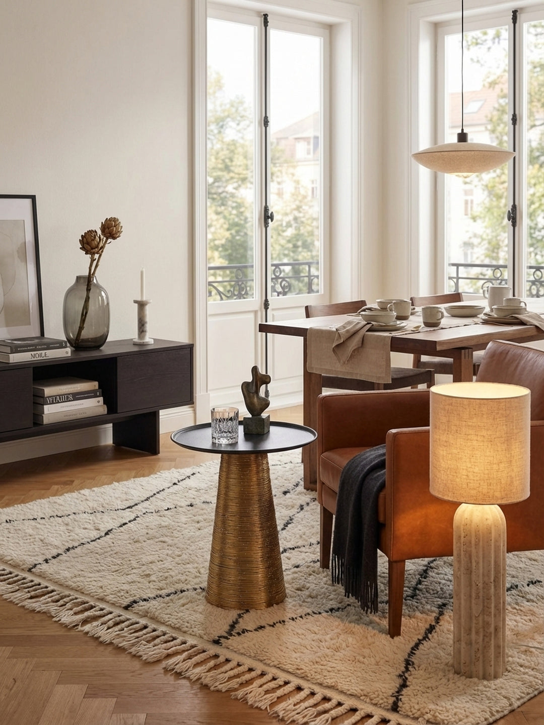 Beistelltisch in Gold und Schwarz neben einem modernen Sofa im Wohnzimmer, stilvoll mit einem Glas Wein und einer Pflanze dekoriert, auf einem gemusterten Teppich platziert._