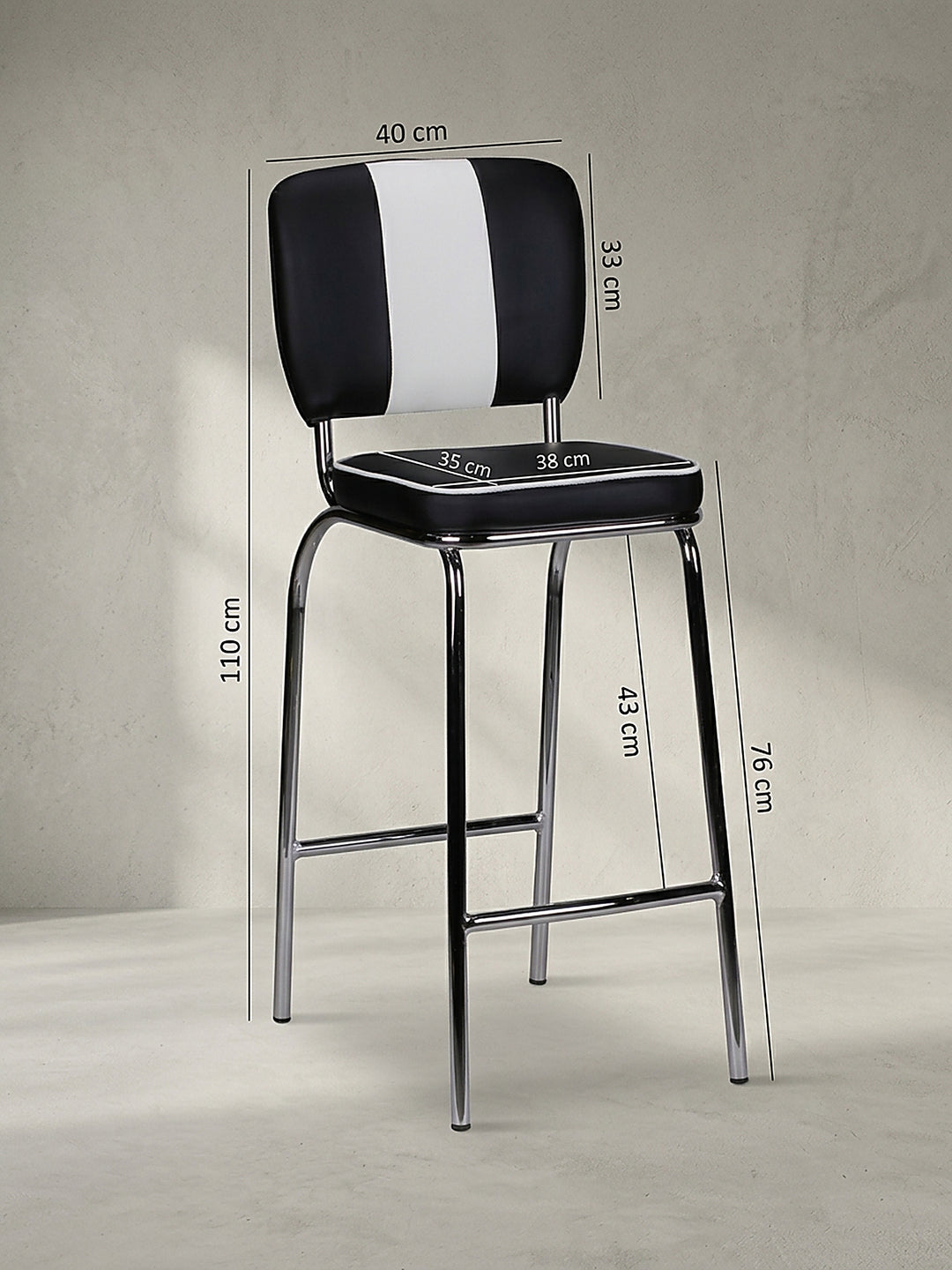 Barhocker Kunstleder schwarz Seitenansicht 40x38x110 cm schlankes Profil_