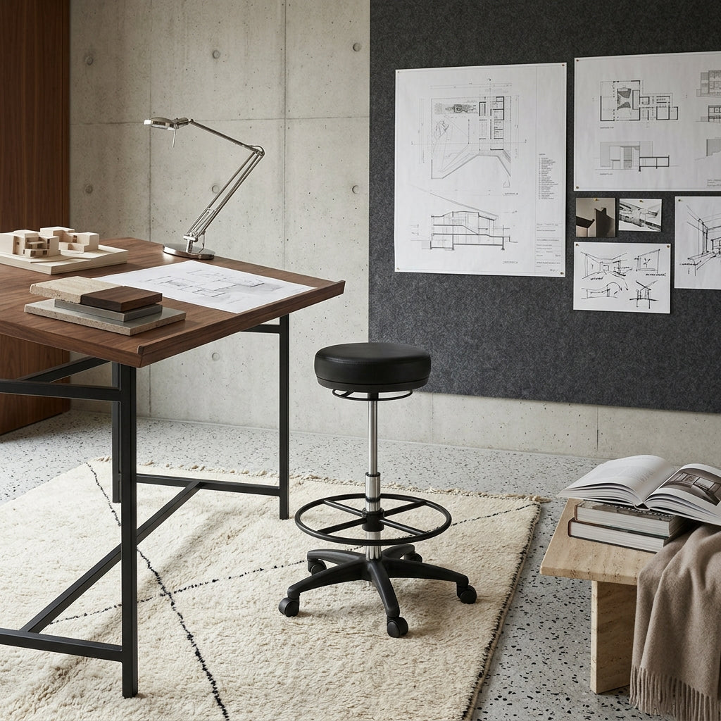Arbeitshocker Livorno_ Höhenverstellbar_ Kunstleder-Sitzfläche_ Kunststoff-Fußkreuz_ drehbare Fußablage_ 120 kg Belastbarkeit - KADIMA DESIGN_Größe_ 60x60x88 cm_