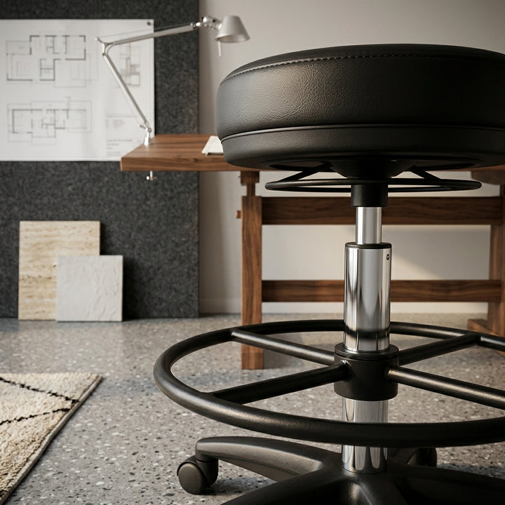 Arbeitshocker Livorno_ Höhenverstellbar_ Kunstleder-Sitzfläche_ Kunststoff-Fußkreuz_ drehbare Fußablage_ 120 kg Belastbarkeit - KADIMA DESIGN_Größe_ 60x60x88 cm_