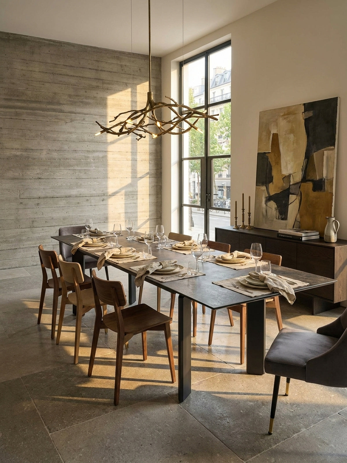 Großer ausziehbarer Keramik-Esstisch in einem modernen Esszimmer mit Betonwand und Kalksteinboden, beleuchtet von einer Messing-Pendelleuchte._