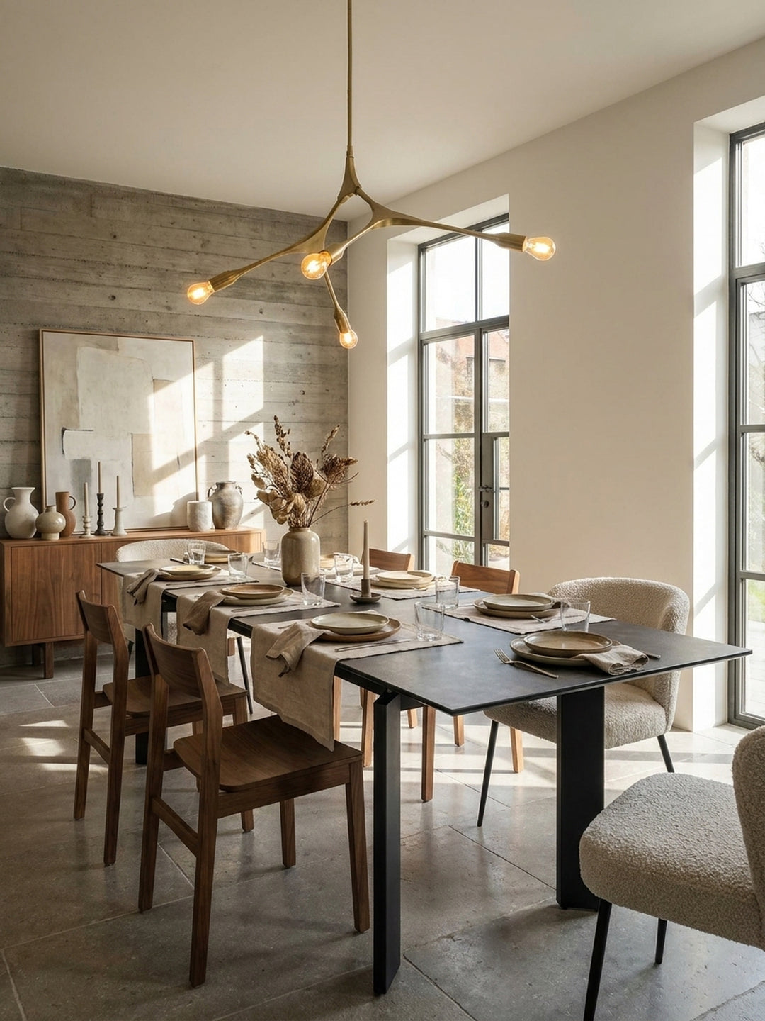 Moderner Keramik-Esstisch kombiniert mit vier eleganten, grauen Samtstühlen, die das minimalistische Design des Tisches unterstreichen._