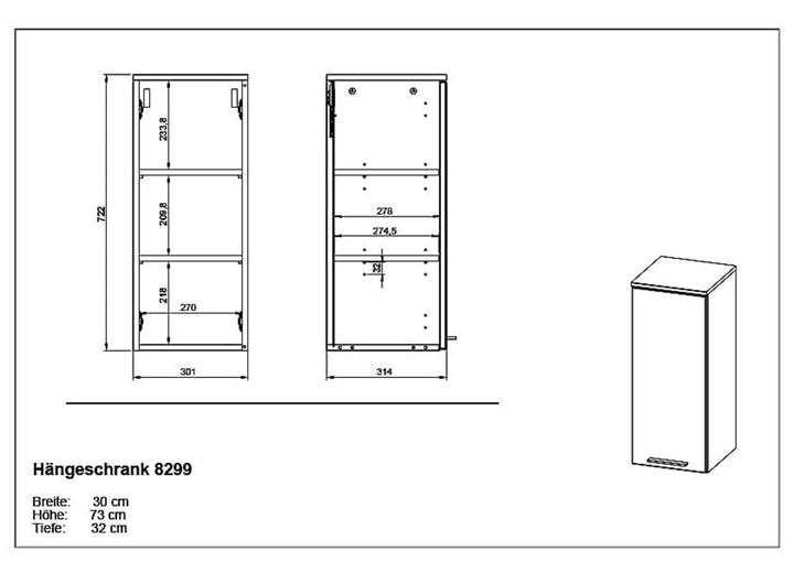 Bad-Hängeschrank mit Türdämpfung_ 30x32x73_ Einstellbare Einlegeböden_ Rechts/Links_ Weiß_ OREA-Serie von Kadima Design_Größe_ 30x32x73 cm_