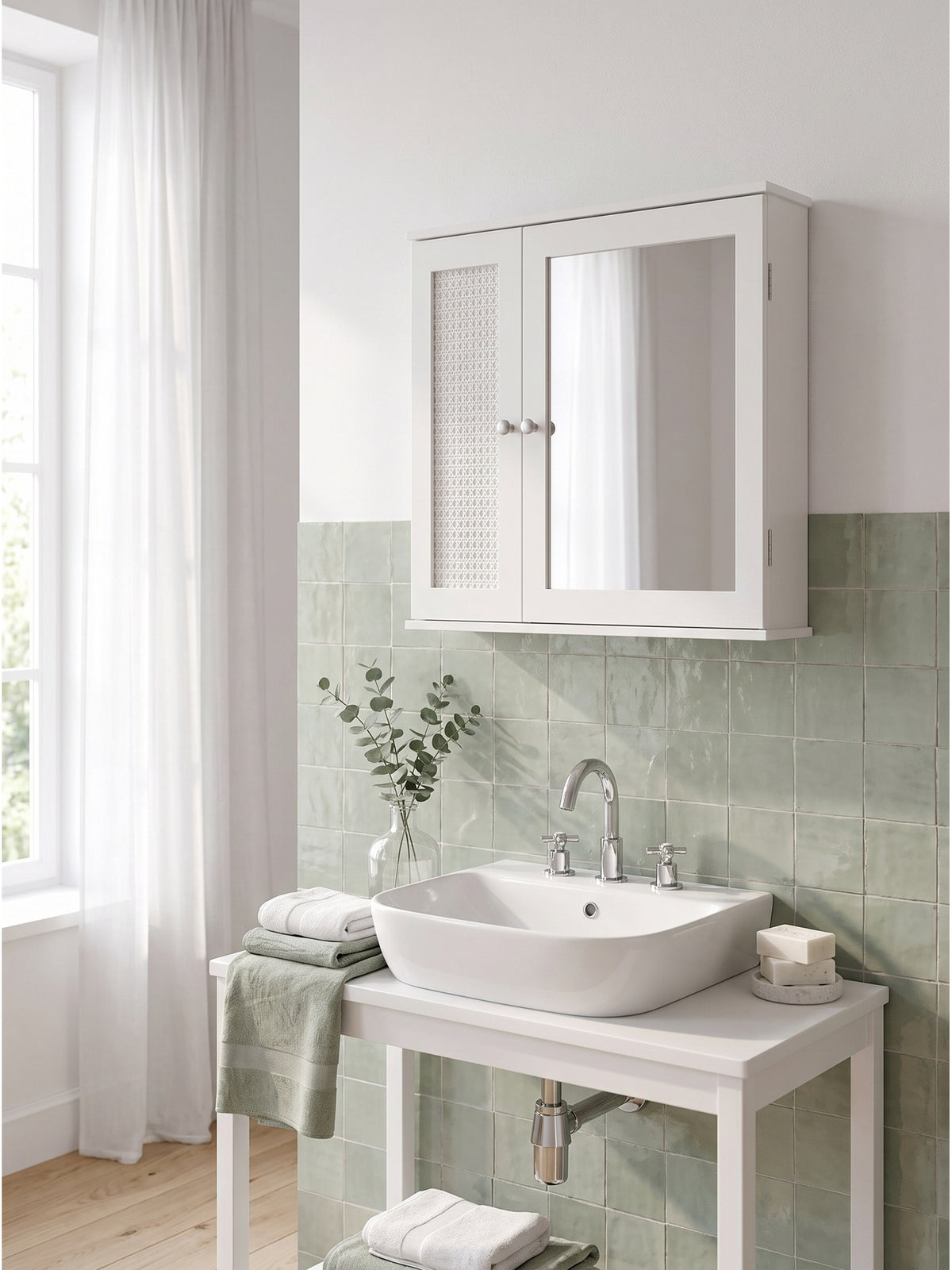 Zweitüriger Wandschrank in Weiß neben mattschwarzen Wandleuchten und einer bodenebenen Walk-in-Dusche mit fugellosen Tadelakt-Wänden im Premium Home Spa.