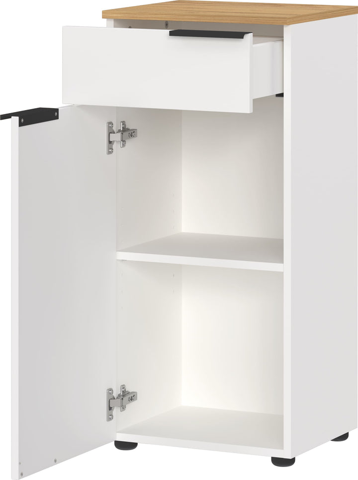 Badezimmer-Schrank mit Dämpfungsfunktion in Weiß-Beige_ Eiche-Optik_ 39x34x85_ TAHO-Serie von Kadima Design_Größe_ 39x34x85 cm_