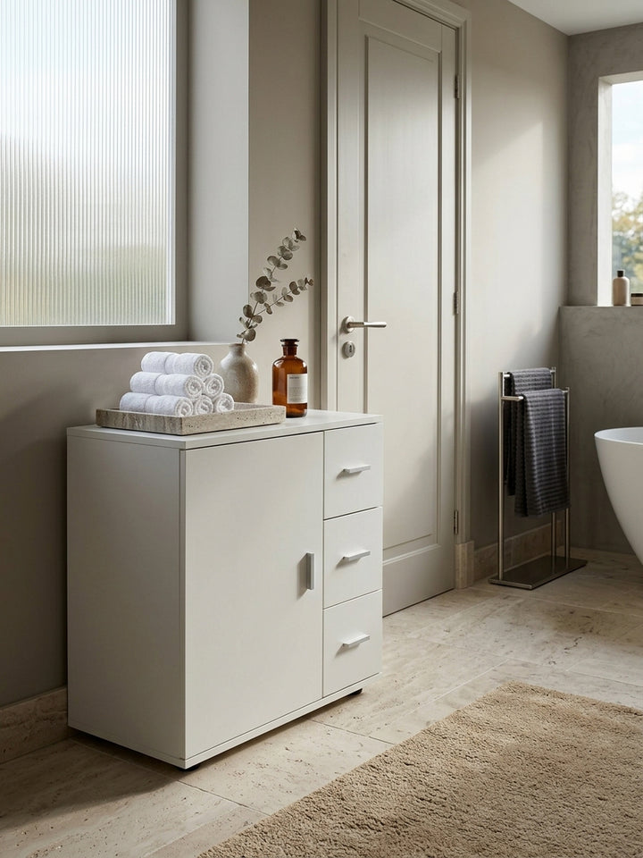 Draufsicht auf den minimalistischen Badezimmerschrank in mattem Weiß. Die kompakte 33cm tiefe Badkommode fügt sich platzsparend neben dem Waschtisch ins Raumkonzept ein._