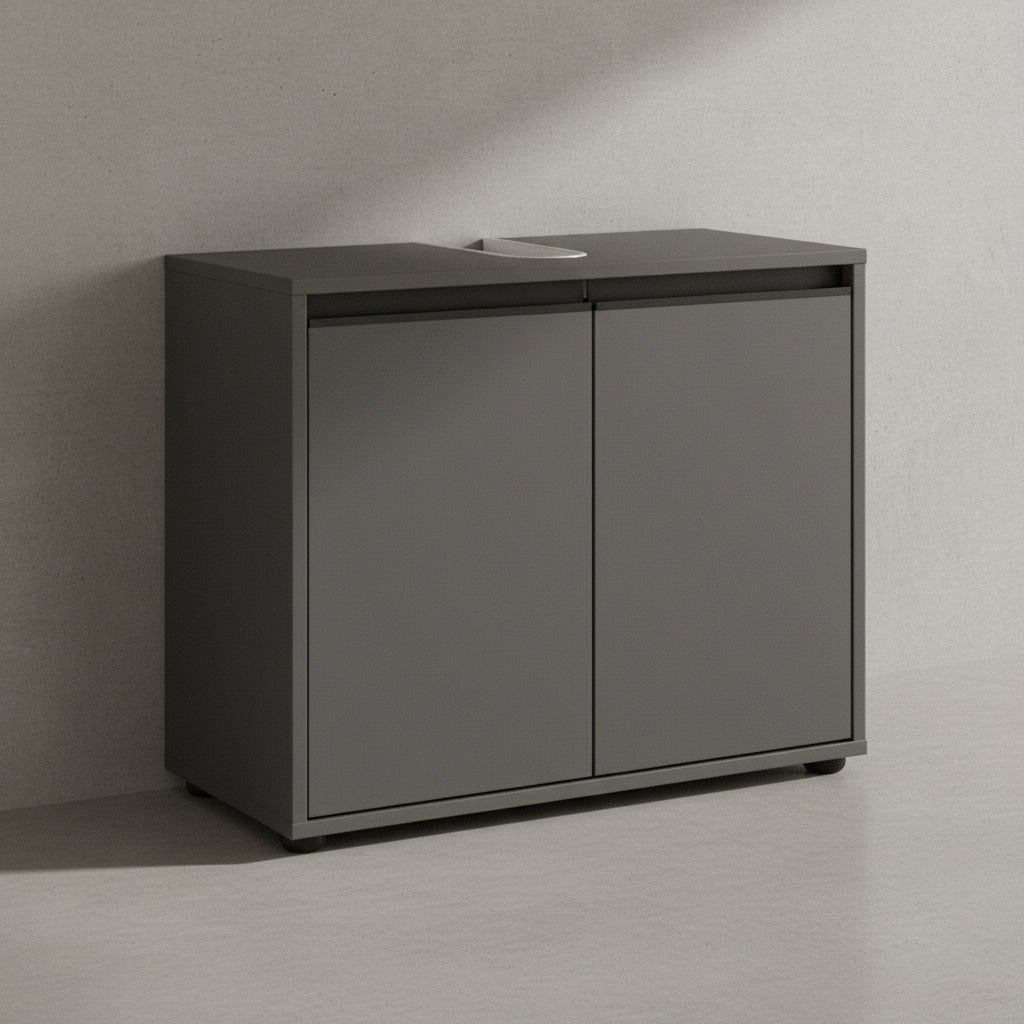 Badmöbel-Set HAMBURG 2-teilig | Waschbeckunterschrank &amp; Runder Spiegel | Soft-Close &amp; Matt | Graphit_