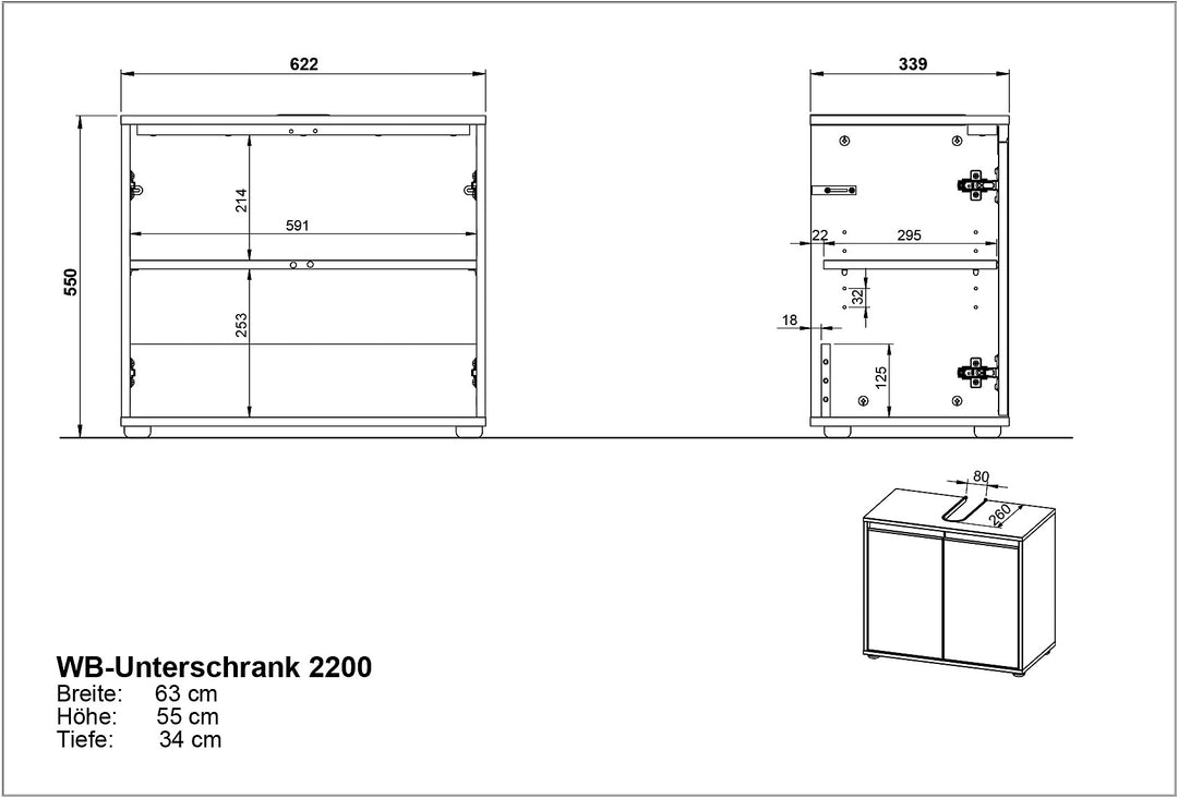 Badmöbel Set 3-tlg. Waschbeckunterschrank - runder Spiegel - Badschrank_