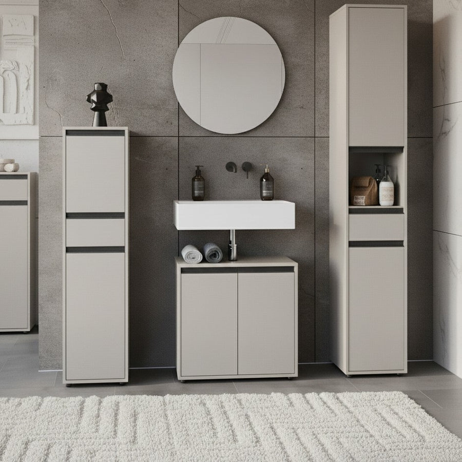 Badmöbel-Set HAMBURG 4-teilig | Runder Spiegel - Hochschrank - Unterschrank - Midischrank | Soft-Close &amp; Matt | Steingrau_