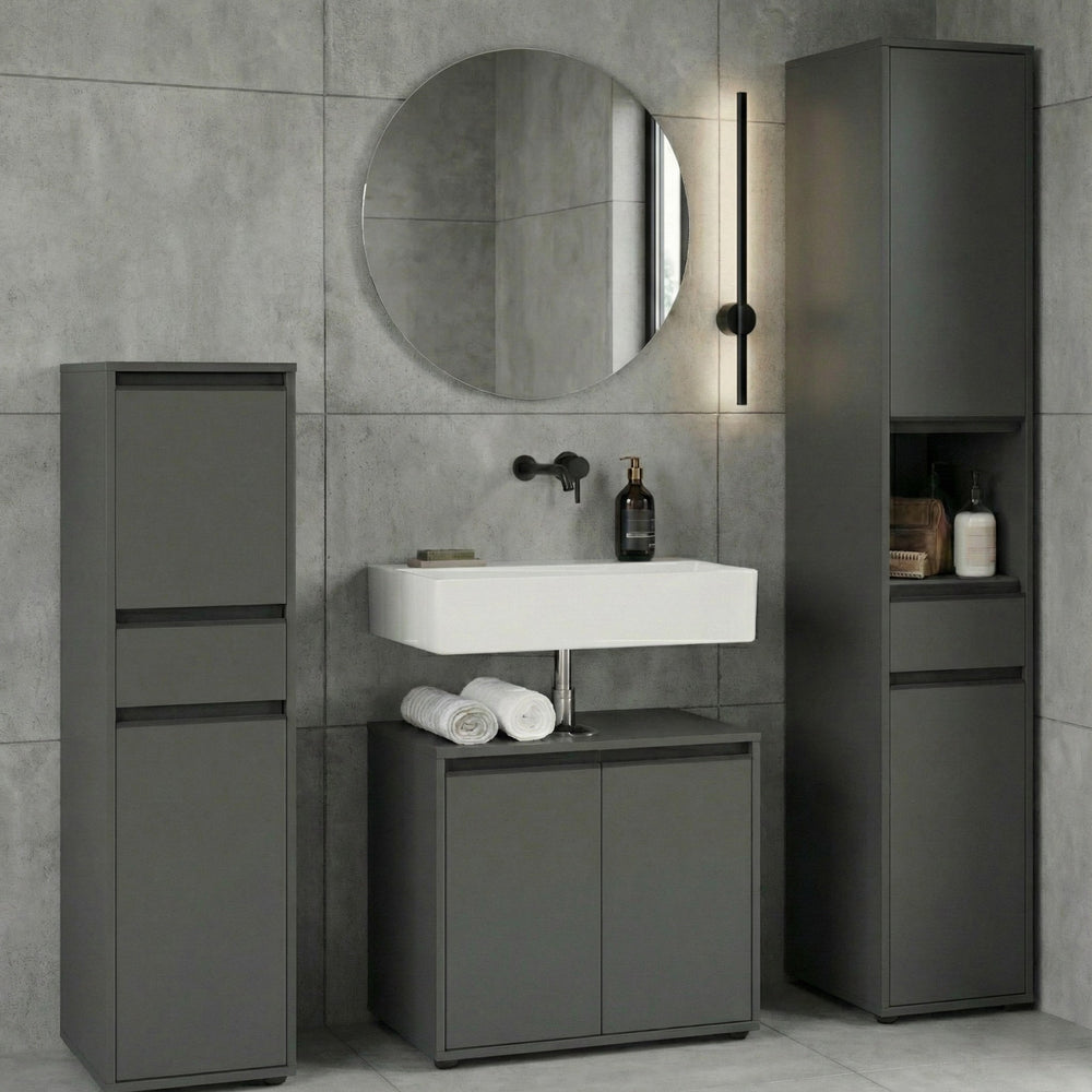 Badmöbel Set 4-tlg. Runder Spiegel Badschrank Unterschrank Midischrank_