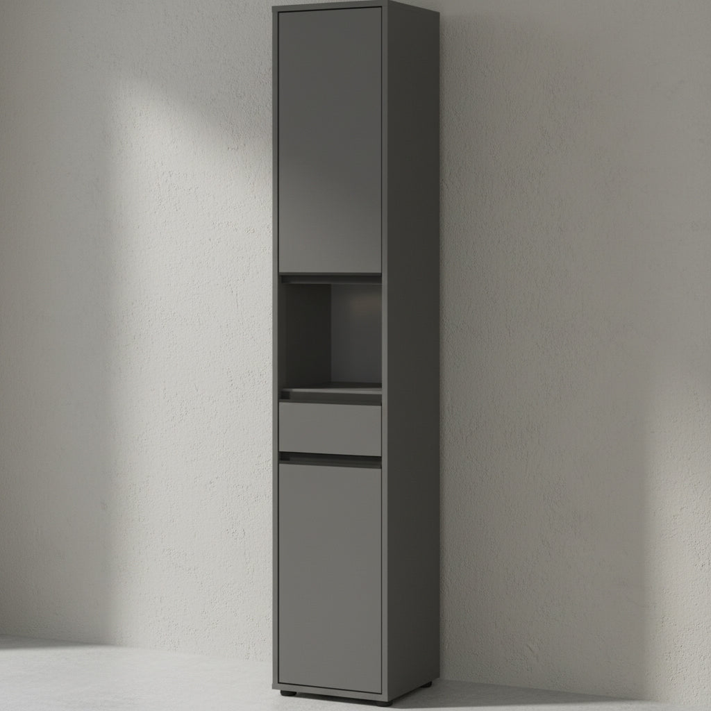 Badmöbel Set 4-tlg Soft-Close | Runder Spiegel - Hochschrank - Unterschrank - Midischrank | Graphit matt | Serie HAMBURG Kadima Design_