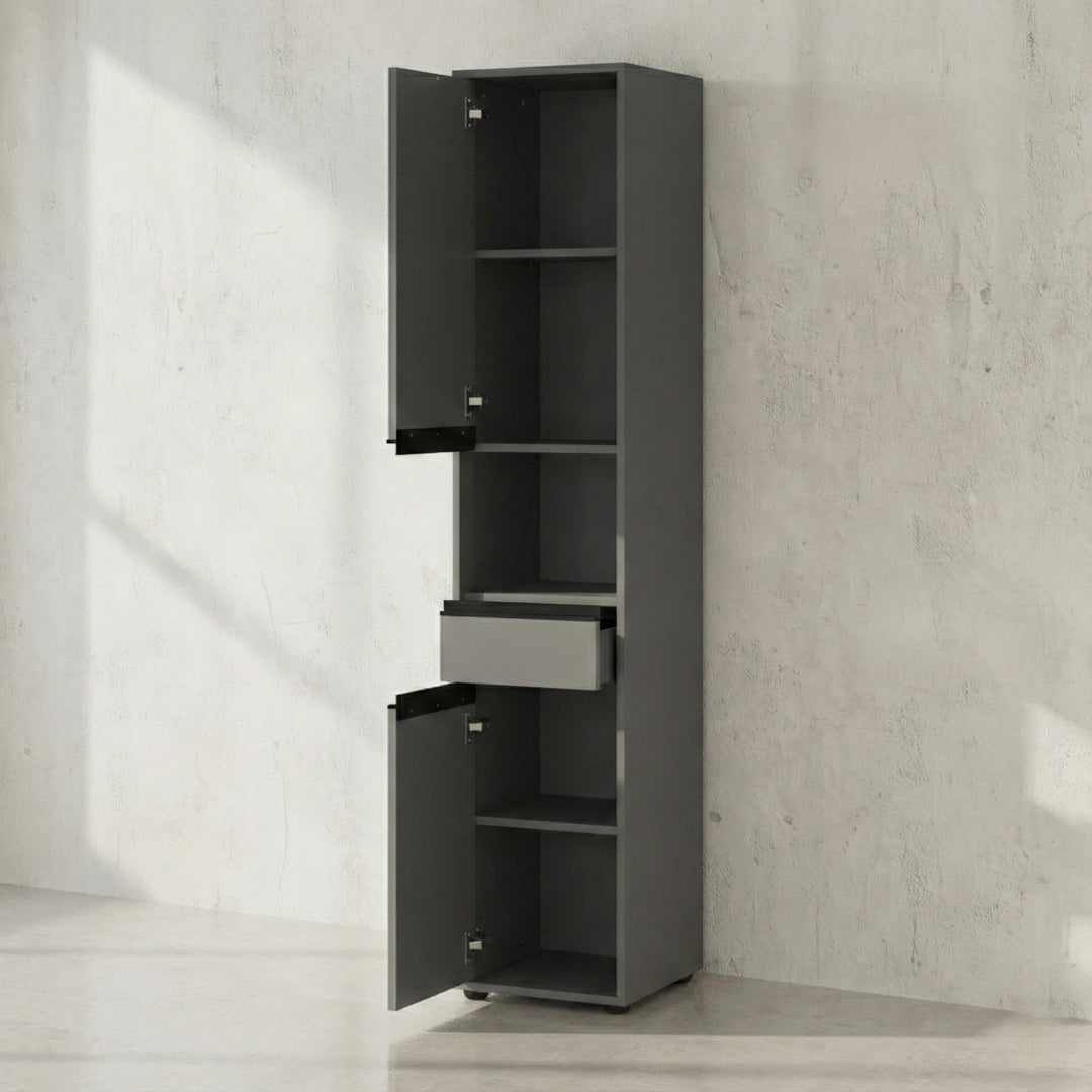 Badmöbel-Set HAMBURG 4-teilig | Runder Spiegel - Hochschrank - Unterschrank - Midischrank | Soft-Close &amp; Matt | Graphit_