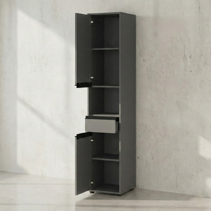 Badmöbel-Set HAMBURG 4-teilig | Runder Spiegel - Hochschrank - Unterschrank - Midischrank | Soft-Close &amp;amp; Matt | Graphit_