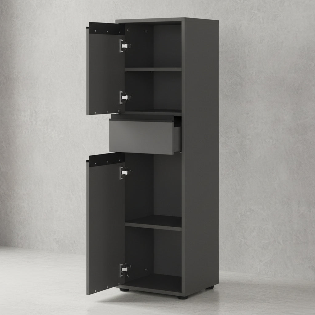 Badmöbel Set 4-tlg Soft-Close | Runder Spiegel - Hochschrank - Unterschrank - Midischrank | Graphit matt | Serie HAMBURG Kadima Design_