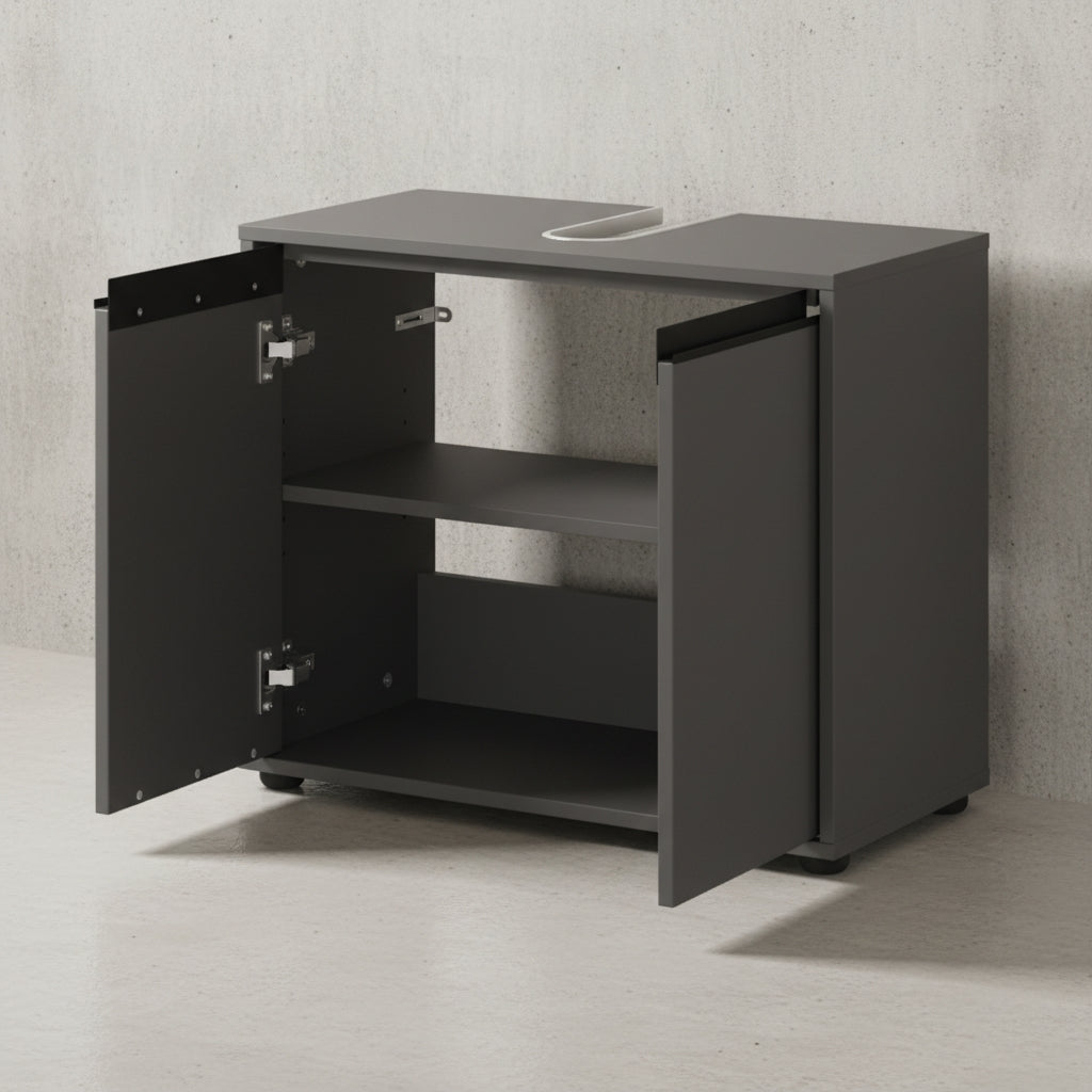 Badmöbel Set 4-tlg Soft-Close | Runder Spiegel - Hochschrank - Unterschrank - Midischrank | Graphit matt | Serie HAMBURG Kadima Design_