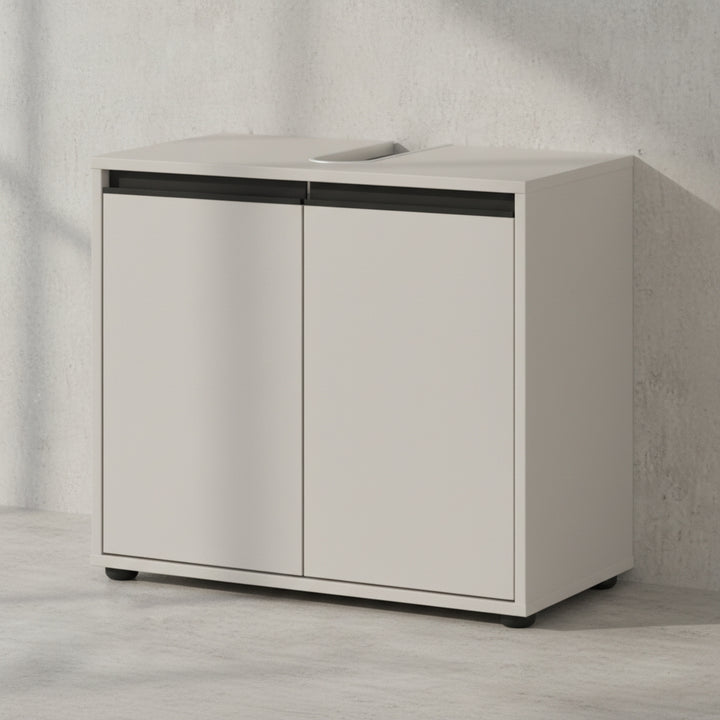 Badmöbel-Set HAMBURG 4-teilig | Runder Spiegel - Hochschrank - Unterschrank - Midischrank | Soft-Close &amp;amp; Matt | Steingrau_