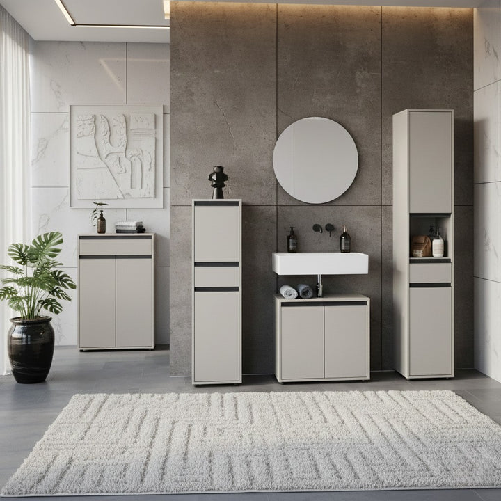 Badmöbel-Set HAMBURG 5-teilig XXL | Hochschrank - Unterschrank - Midischrank - Badkommode - Runder Spiegel | Soft-Close &amp;amp; Matt | Steingrau_