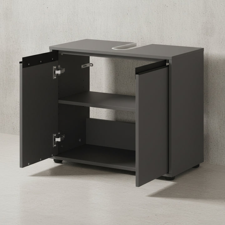 Badmöbel Set 5-tlg Soft-Close XXL | Hochschrank - Unterschrank - Midischrank - Badkommode - Runder Spiegel | Graphit | Serie HAMBURG Kadima Design_