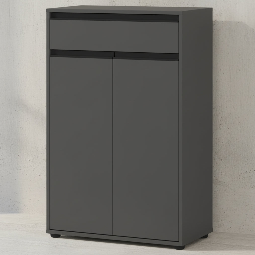 Badmöbel Set 5-tlg Soft-Close XXL | Hochschrank - Unterschrank - Midischrank - Badkommode - Runder Spiegel | Graphit | Serie HAMBURG Kadima Design_