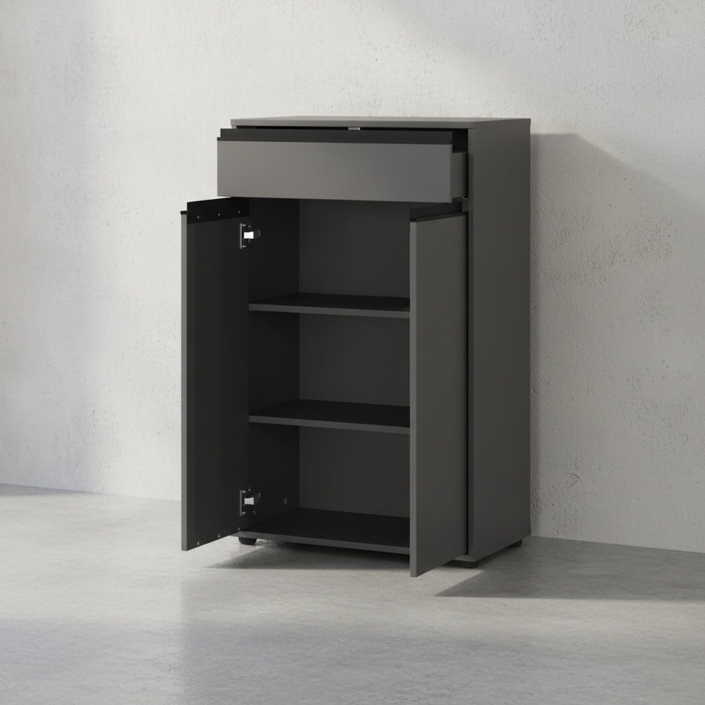 Badmöbel-Set HAMBURG 5-teilig XXL | Hochschrank - Unterschrank - Midischrank - Badkommode - Runder Spiegel | Soft-Close &amp; Matt | Graphit_