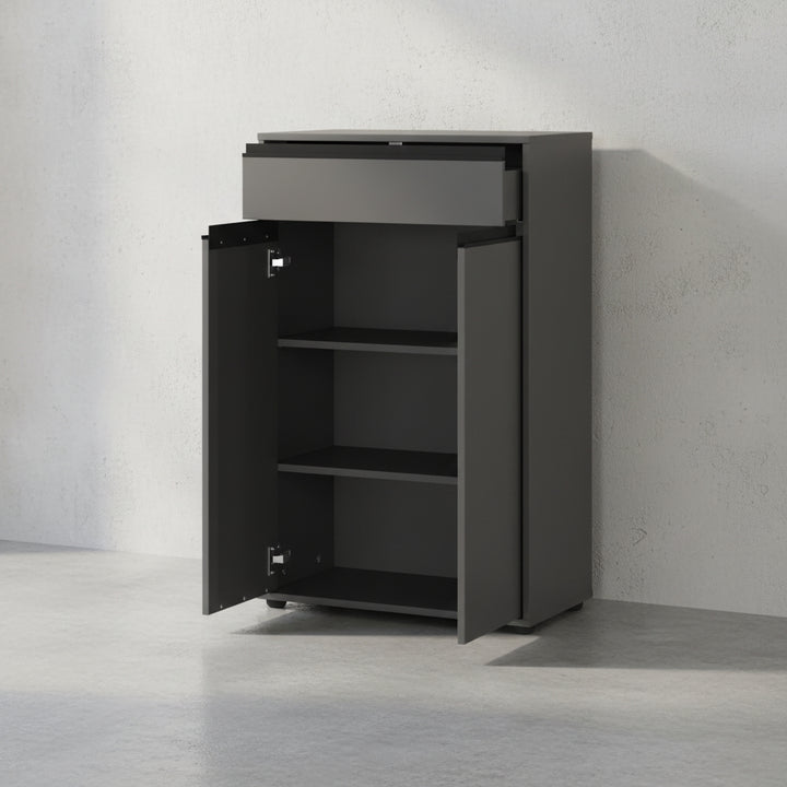 Badmöbel-Set HAMBURG 5-teilig XXL | Hochschrank - Unterschrank - Midischrank - Badkommode - Runder Spiegel | Soft-Close &amp;amp; Matt | Graphit_