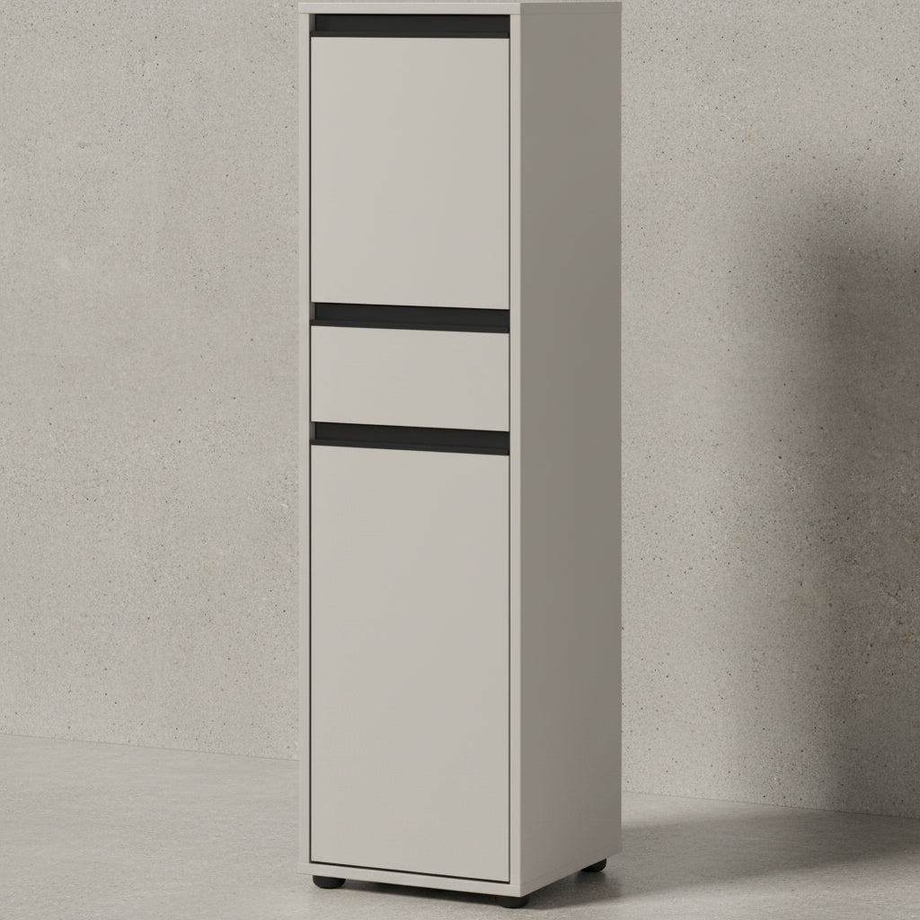 Badmöbel-Set HAMBURG 5-teilig XXL | Hochschrank - Unterschrank - Midischrank - Badkommode - Runder Spiegel | Soft-Close &amp; Matt | Steingrau_