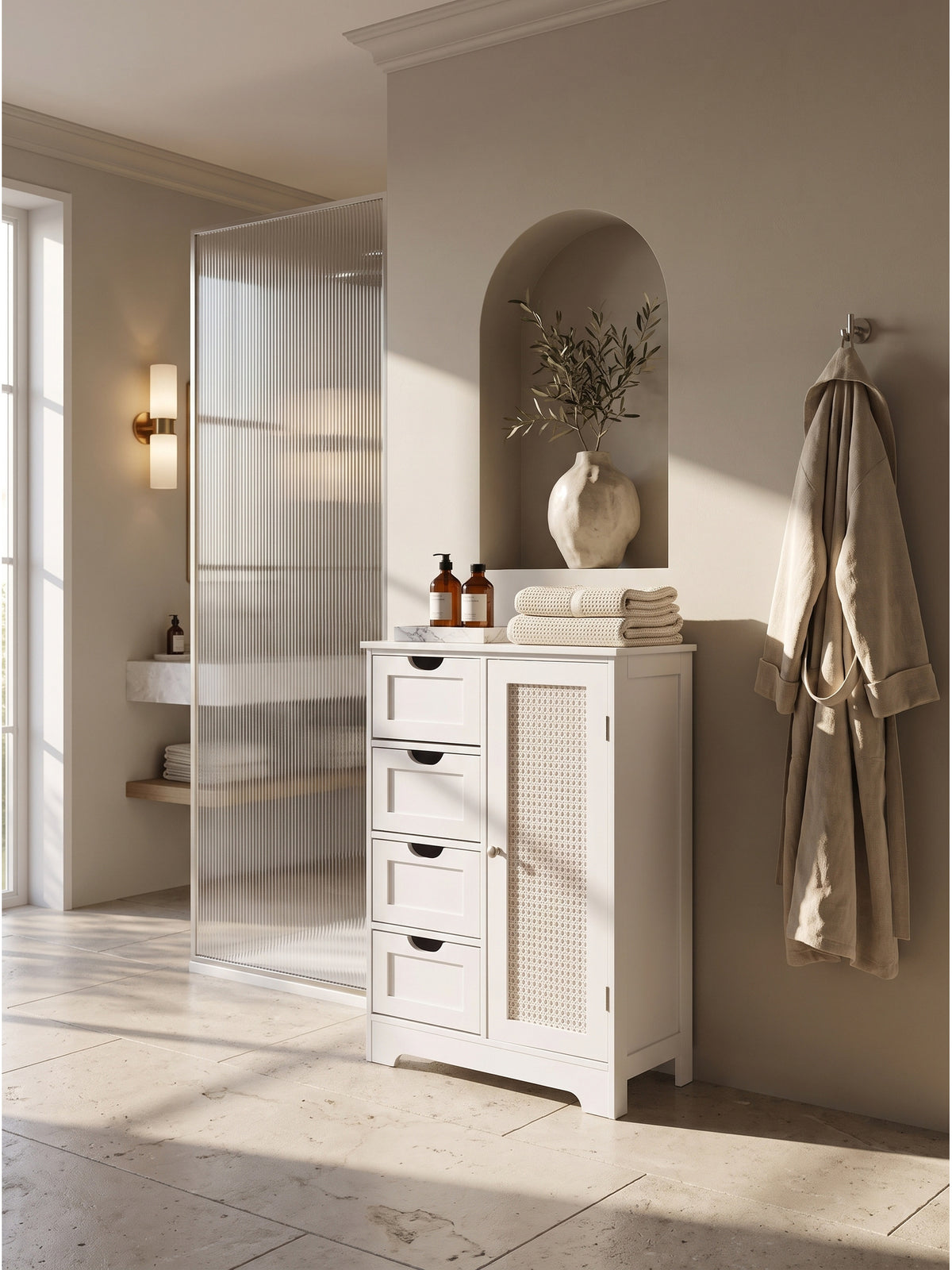 Weißer Badschrank aus lackiertem MDF mit Wiener Geflecht auf hellem Kalksteinboden in einem luxuriösen Spa-Badezimmer.